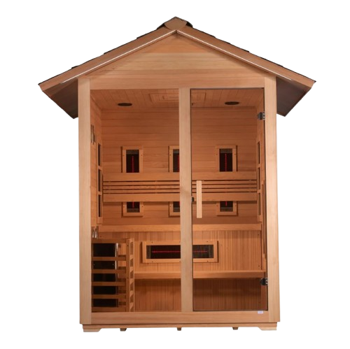 Front Centered View Of The Golden Designs Carinthia 3-Person Hybrid Outdoor Sauna | GDI-8123-01
