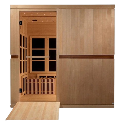 Front Centered View Of The Golden Designs Catalonia 8-Person Near Zero EMF ADA Indoor Sauna | GDI-6880-02 Shown With Wheelchair Ramp