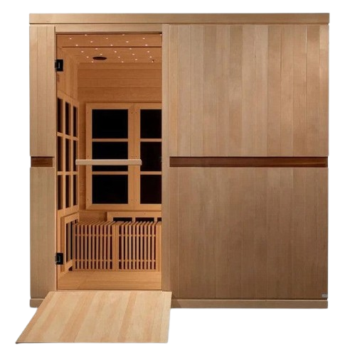 Front Centered View Of The Golden Designs Catalonia 8-Person Near Zero EMF ADA Indoor Sauna | GDI-6880-02 Shown With Wheelchair Ramp