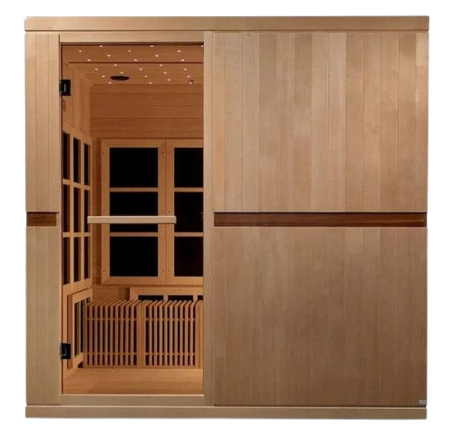 Front Centered View Of The Golden Designs Catalonia 8-Person Near Zero EMF ADA Indoor Sauna | GDI-6880-02 Shown Without Wheelchair Ramp