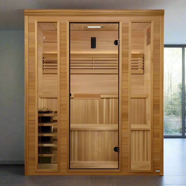 Front Centered View Of The Golden Designs Engelberg 6-Person Indoor Sauna | GDI-7030-01 Shown In An Indoor Setting