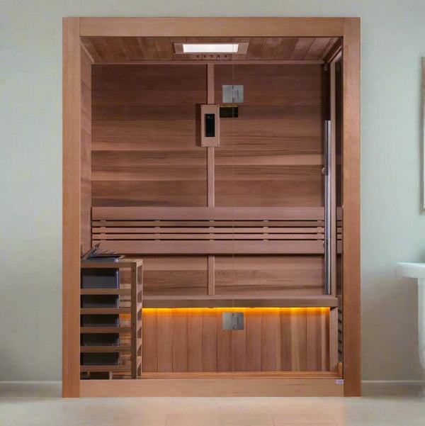 Front Centered View Of The Golden Designs Hanko 2-Person Indoor Sauna | GDI-7202-01 Shown In An Indoor Setting