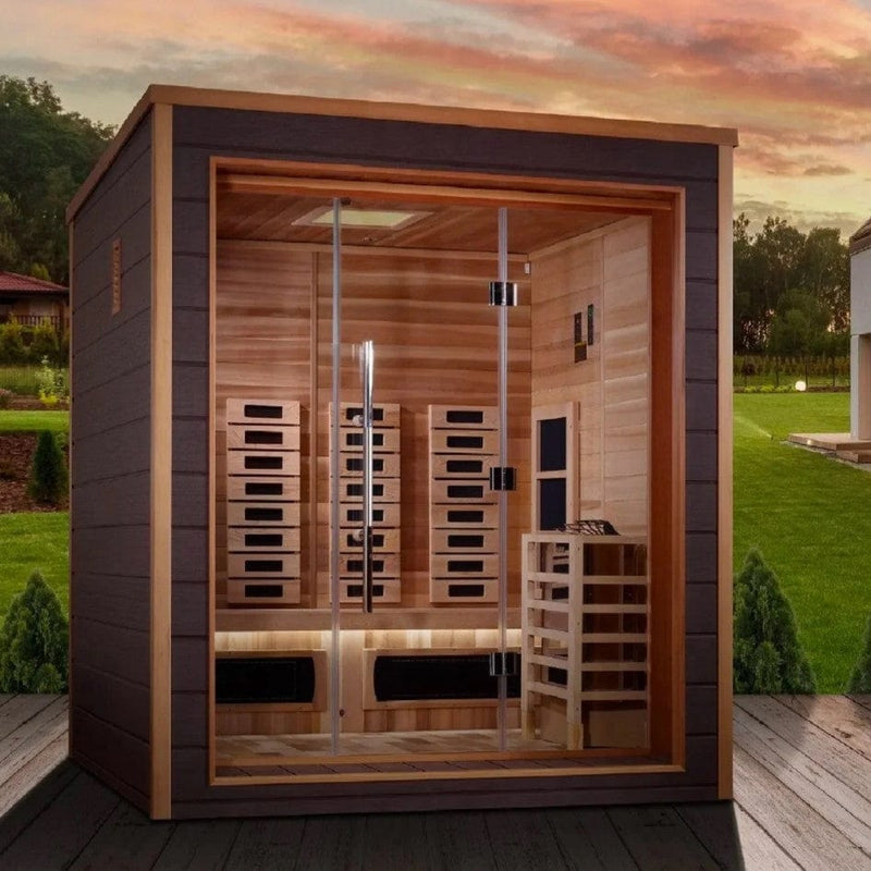 Front Centered View Of The Golden Designs Karlstad 6-Person Hybrid Outdoor Sauna | GDI-8226-01 Shown In An Outdoor Setting