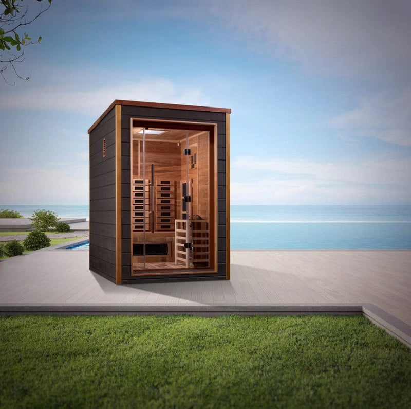 Front Centered View Of The Golden Designs Nora 2-Person Hybrid Outdoor Sauna | GDI-8222-01 Shown In An Outdoor Setting