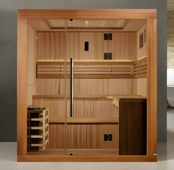 Front Centered View Of The Golden Designs Osla 6-Person Indoor Sauna | GDI-7689-02 Shown In An Indoor Setting