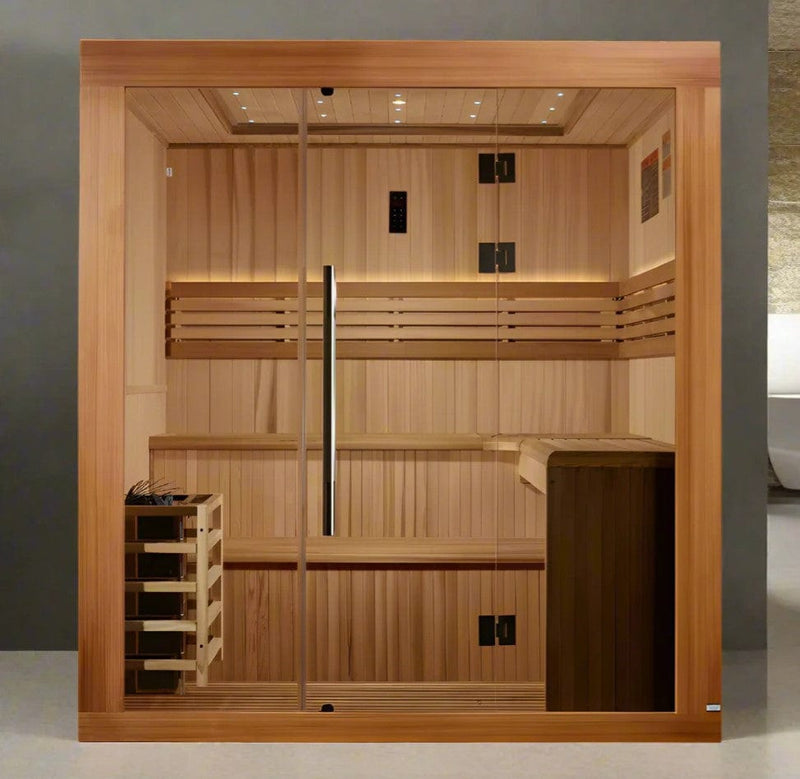 Front Centered View Of The Golden Designs Osla 6-Person Indoor Sauna | GDI-7689-02 Shown In An Indoor Setting