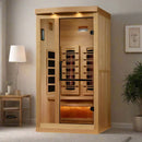 Front Centered View Of The Golden Designs Reserve Edition 1 Person Full Spectrum EMF Indoor Sauna With Himalayan Salt Bar | GDI-8010-03 Shown In An Indoor Setting