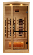 Front Centered View Of The Golden Designs Reserve Edition 1 Person Full Spectrum EMF Indoor Sauna With Himalayan Salt Bar | GDI-8010-03 