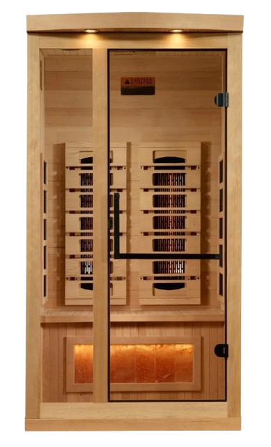 Front Centered View Of The Golden Designs Reserve Edition 1 Person Full Spectrum EMF Indoor Sauna With Himalayan Salt Bar | GDI-8010-03 