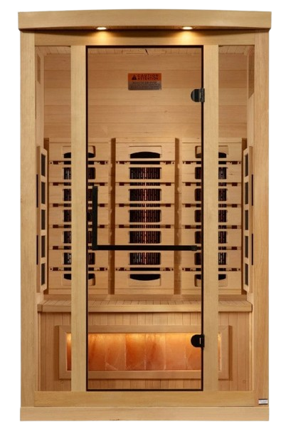 Front Centered View Of The Golden Designs Reserve Edition 2-Person Full Spectrum EMF Indoor Sauna With Himalayan Salt Bar | GDI-8020-03