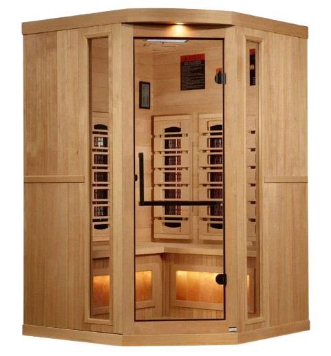 Front Centered View Of The Golden Designs Reserve Edition 3-Person Full Spectrum EMF Corner Indoor Sauna With Himalayan Salt Bar | GDI-8035-03