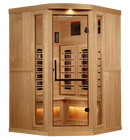 Front Centered View Of The Golden Designs Reserve Edition 3-Person Full Spectrum EMF Corner Indoor Sauna With Himalayan Salt Bar | GDI-8035-03