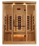 Front Centered View Of The Golden Designs Reserve Edition 3-Person Full Spectrum EMF Indoor Sauna With Himalayan Salt Bar | GDI-8030-03