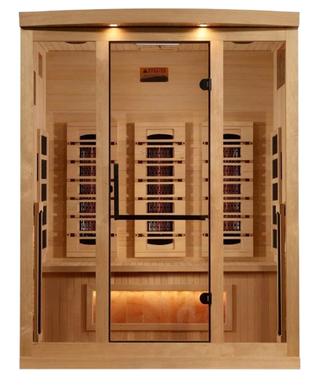 Front Centered View Of The Golden Designs Reserve Edition 3-Person Full Spectrum EMF Indoor Sauna With Himalayan Salt Bar | GDI-8030-03