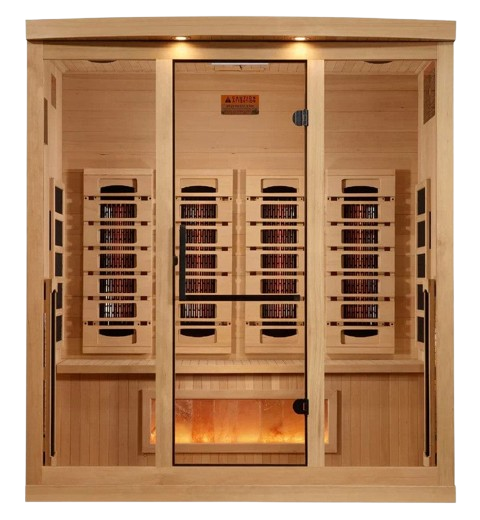 Front Centered View Of The Golden Designs Reserve Edition 4-Person Full Spectrum EMF Indoor Sauna With Himalayan Salt Bar | GDI-8040-03 