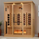 Front Centered View Of The Golden Designs Reserve Edition 4-Person Full Spectrum EMF Indoor Sauna With Himalayan Salt Bar | GDI-8040-03 Shown In An Indoor Setting