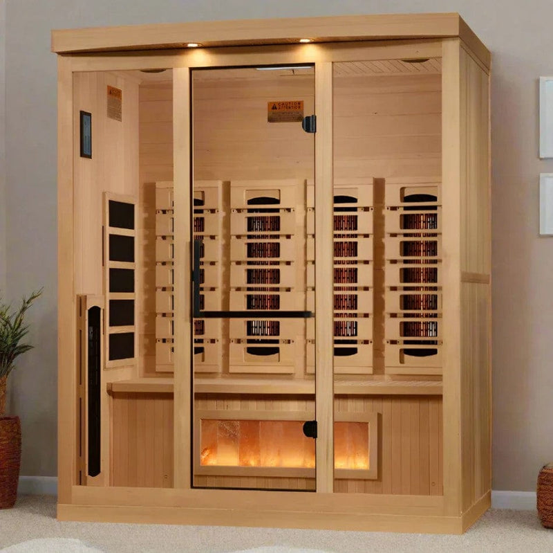 Front Centered View Of The Golden Designs Reserve Edition 4-Person Full Spectrum EMF Indoor Sauna With Himalayan Salt Bar | GDI-8040-03 Shown In An Indoor Setting