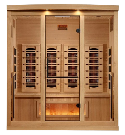 Front Centered View Of The Golden Designs Reserve Edition 4-Person Full Spectrum EMF Indoor Sauna With Himalayan Salt Bar | GDI-8040-03 