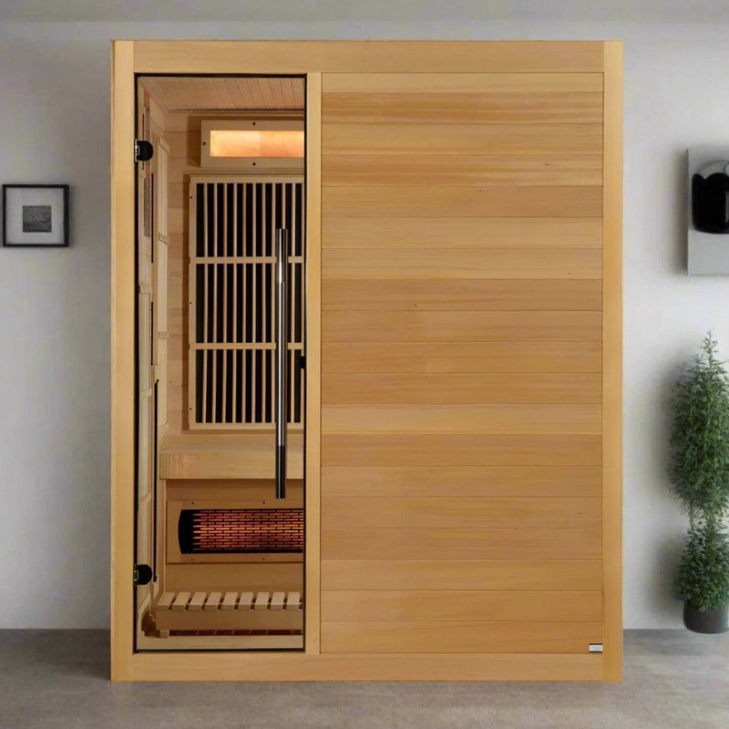 Front Centered View Of The Golden Designs Soria 3-Person Full Spectrum EMF Hybrid Indoor Sauna | GDI-8330-01 Shown In An Indoor Setting