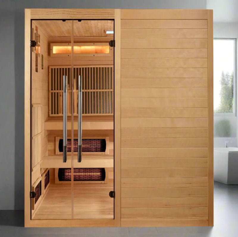 Front Centered View Of The Golden Designs Toledo 6-Person Full Spectrum EMF Hybrid Indoor Sauna | GDI-8360-01 Shown In An Indoor Setting