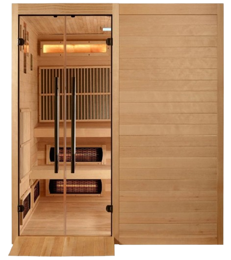 Front Centered View Of The Golden Designs Toledo 6-Person Full Spectrum EMF Hybrid Indoor Sauna | GDI-8360-01 Shown With Wheelchair Ramp