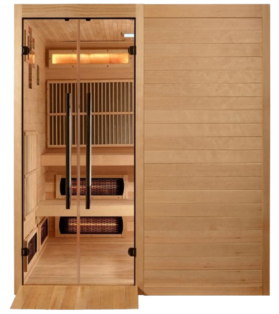 Front Centered View Of The Golden Designs Toledo 6-Person Full Spectrum EMF Hybrid Indoor Sauna | GDI-8360-01 Shown With Wheelchair Ramp