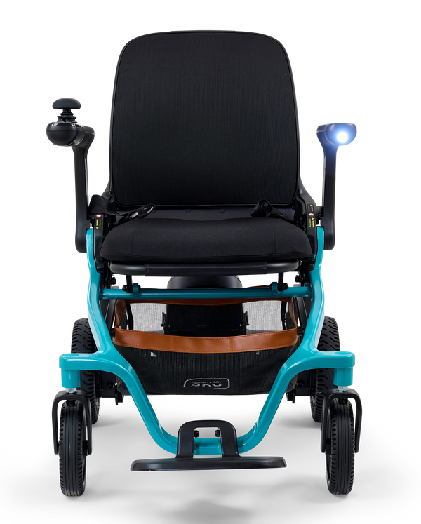 Front Centered View Of The Golden Technologies Ally Electric Wheelchair Shown In Teal Color