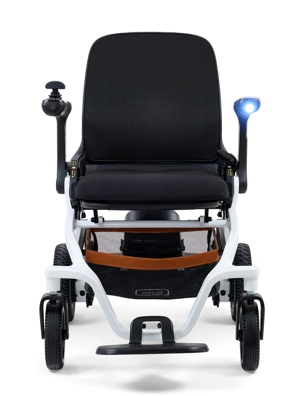 Front Centered View Of The Golden Technologies Ally Electric Wheelchair Shown In White Color