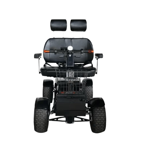 Front Centered View Of The Green Transporter Cheeta Golf All-Terrain Mobility Scooter Double Seat 