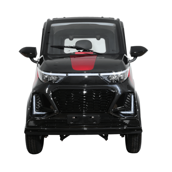 Front Centered View Of The Green Transporter Q Express Enclosed Mobility Scooter Shown In Black And Red Color