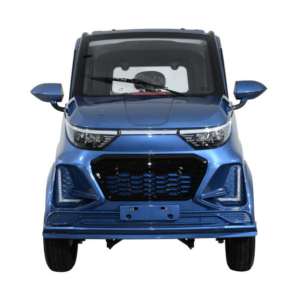 Front Centered View Of The Green Transporter Q Express Enclosed Mobility Scooter Shown In Blue Color