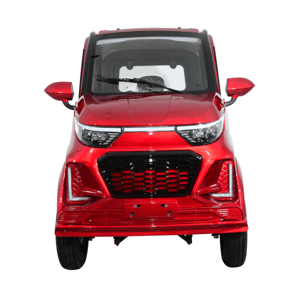 Front Centered View Of The Green Transporter Q Express Enclosed Mobility Scooter Shown In Red Color