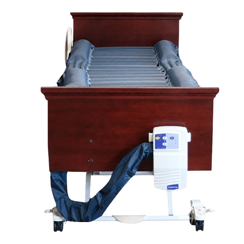 Front Centered View Of The Joerns DermaFloat LAL Low Air Loss Mattress System Shown On An Adjustable Hospital Bed With The Control Unit Attached To The Footboard