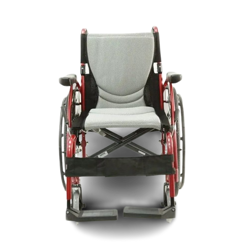 Front Centered View Of The Karman S-Ergo 125 Wheelchair Shown With Gray Cushions And Red Frame