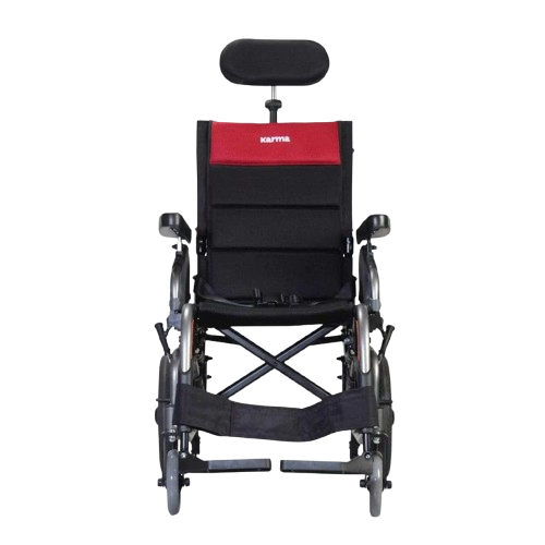 Front Centered View Of The Karman VIP2-TR Tilt-In-Space Transport Wheelchair Shown With Standard Leg Rests