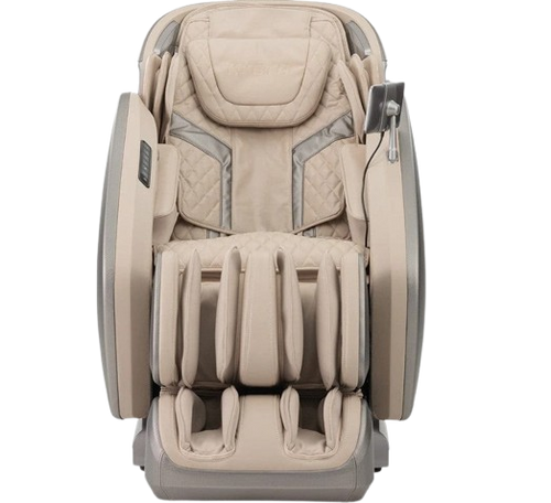 Front Centered View Of The Kyota Hatsumei M900 AI 4D Massage Chair In Gray And Tan Color