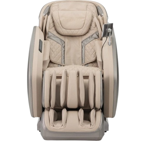 Front Centered View Of The Kyota Hatsumei M900 AI 4D Massage Chair In Gray And Tan Color