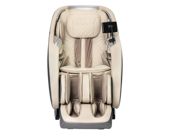 Front Centered View Of The Kyota Joubu M880 4D Massage Chair In Gray And Tan Color 