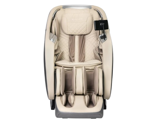 Front Centered View Of The Kyota Joubu M880 4D Massage Chair In Gray And Tan Color