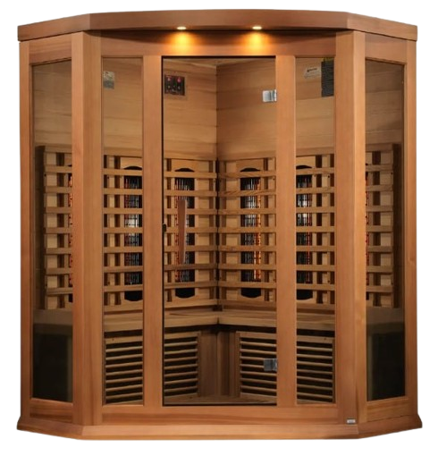 Front Centered View Of The Maxxus 3-Person Full Spectrum Near Zero EMF Infrared Indoor Corner Sauna | MX-M356-01-FS CED