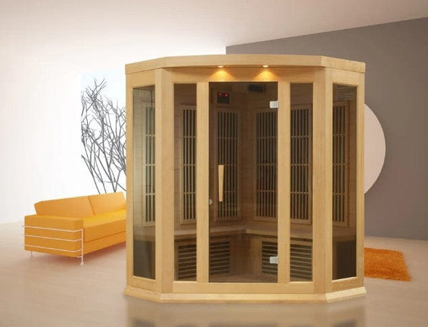 Front Centered View Of The Maxxus 3-Person Low EMF FAR Infrared Corner Indoor Sauna | MX-K356-01 Shown In An Indoor Setting