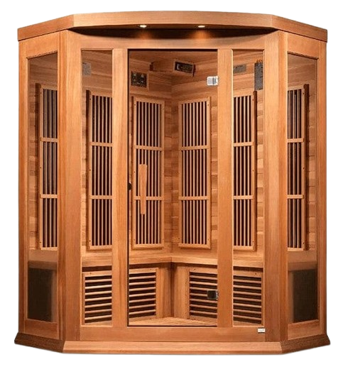 Front Centered View Of The Maxxus 3-Person Near Zero EMF FAR Infrared Corner Indoor Sauna | MX-K356-01-ZF-CED