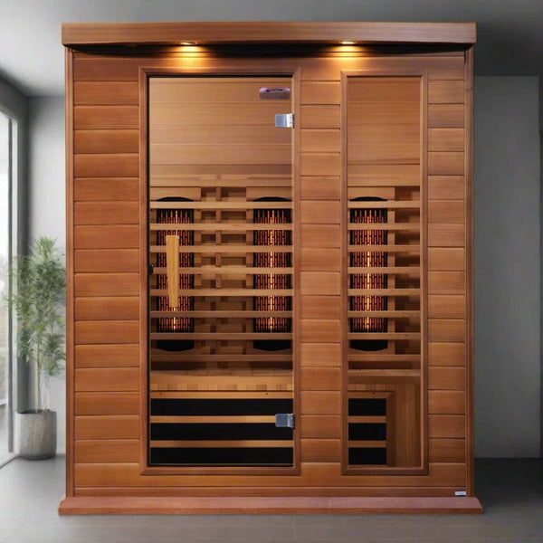Front Centered View Of The Maxxus 3-Person Near Zero EMF Full Spectrum Infrared Indoor Sauna | MX-M306-01-FS-CED Shown In An Indoor Setting