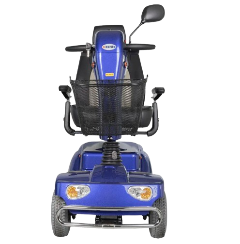 Front Centered View Of The Merits Pioneer 4 Mobility Scooter Shown In Blue Color