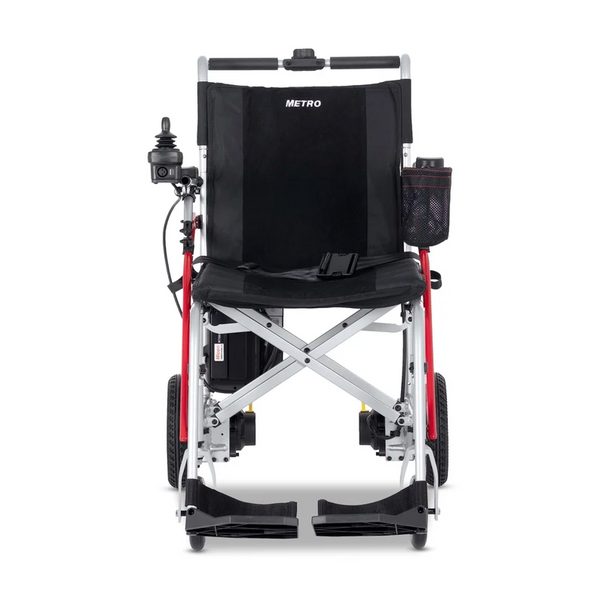 Front Centered View Of The Metro Mobility iTravel Lite Lightweight Electric Wheelchair Shown In The Silver Color