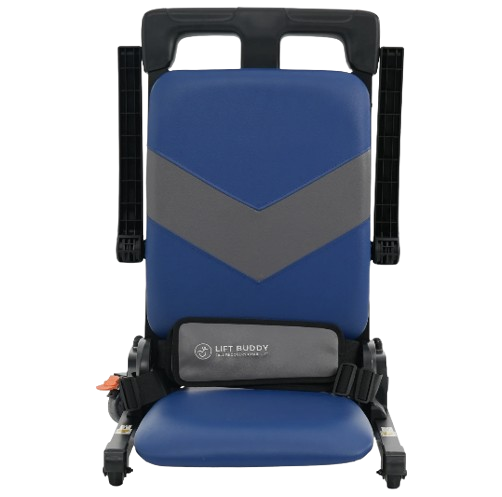 Front Centered View Of The Mobile Patient Lift Buddy Motorized Floor To Seat Fall Recovery Patient Lift Chair For Seniors Shown In The Flat Chair Position