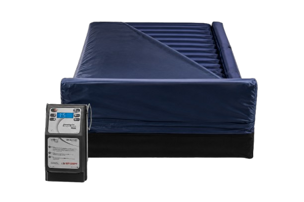 Front Centered View Of The Moxi SelectAir Standard Mattress System With Foot Pillow Shown With Control Unit Attached And Cover Slightly Removed