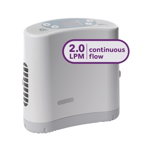 Front Centered View Of The O2 Concepts Oxlife Liberty2 Portable Oxygen Concentrator With 2.0 LPM Continuous Flow Text