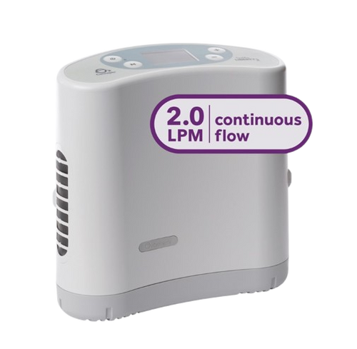 Front Centered View Of The O2 Concepts Oxlife Liberty2 Portable Oxygen Concentrator With 2.0 LPM Continuous Flow Text
