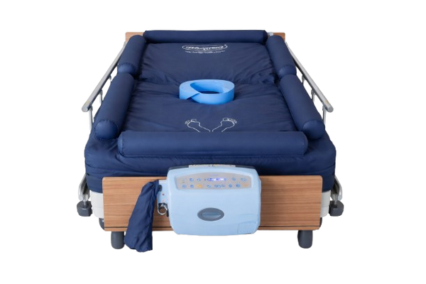 Front Centered View Of The ObboMed OB-2680 PremiumAir Low Air Loss Mattress with Inflatable Guardrails Shown In The Flat Position